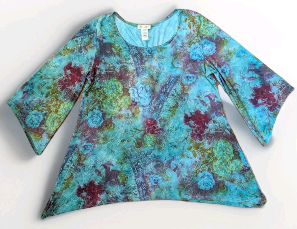 Brittany Black Top Womens Medium Blue Floral Handkerchief Hem Tunic Boho MI USA
